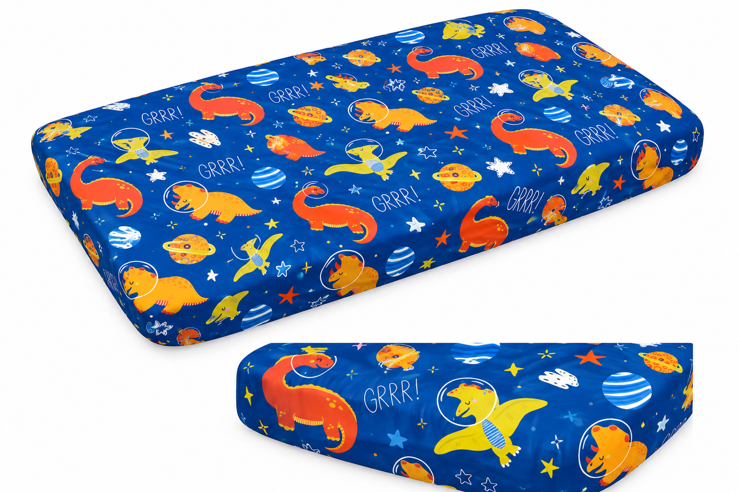Electric Blue Space Dinosaur Bamboo Baby Crib Sheet