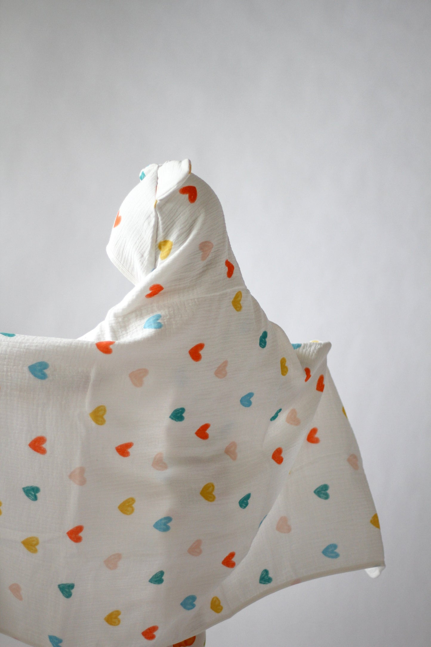 Muslin Cotton Girl’s Hooded Bathrobe – Colorful Hearts Cover-Up