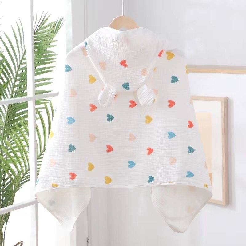 Muslin Cotton Girl’s Hooded Bathrobe – Colorful Hearts Cover-Up