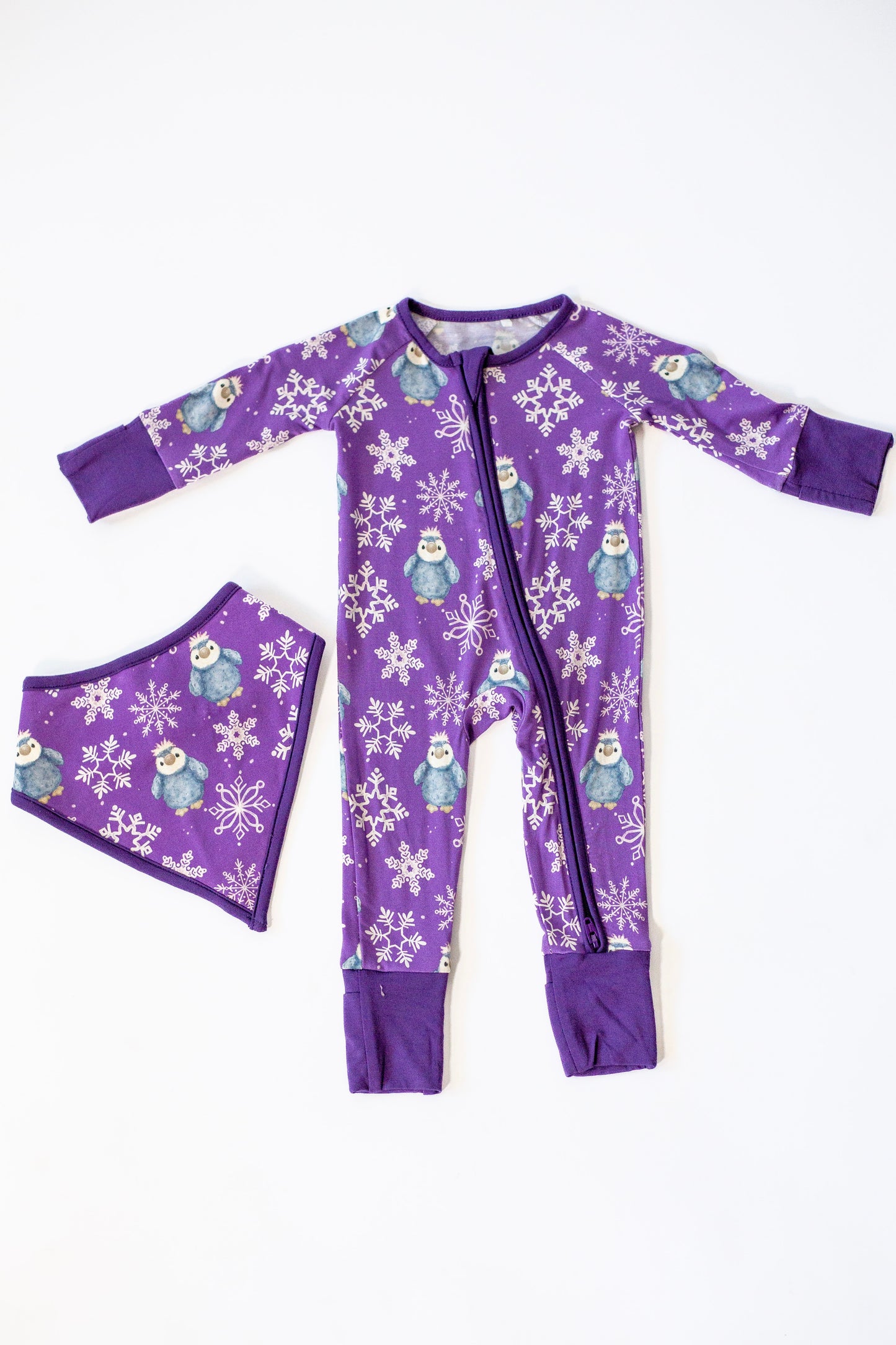 My First Snow Fall: Penguin Bamboo Bib In Purple & Gold