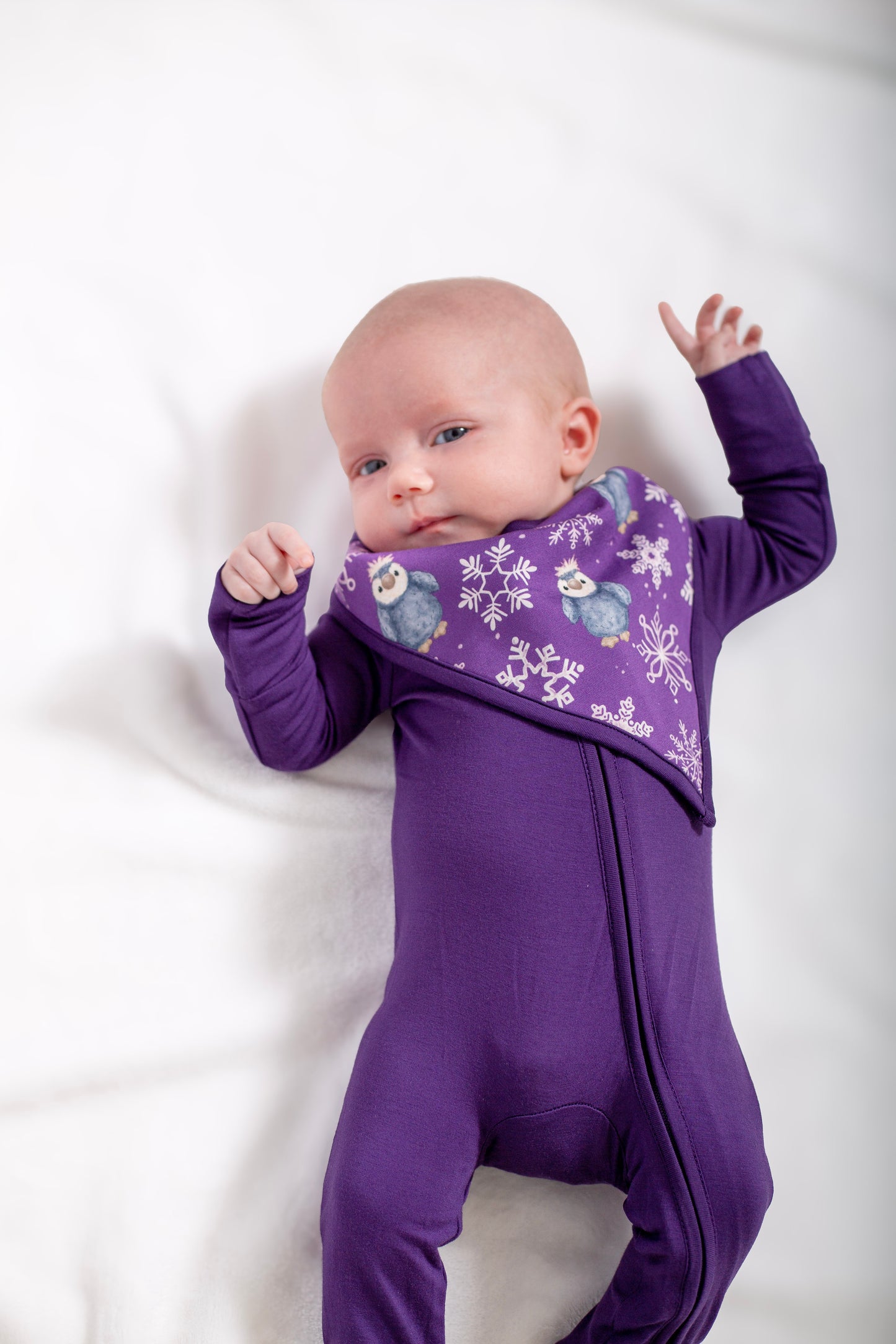 My First Snow Fall: Penguin Bamboo Bib In Purple & Gold