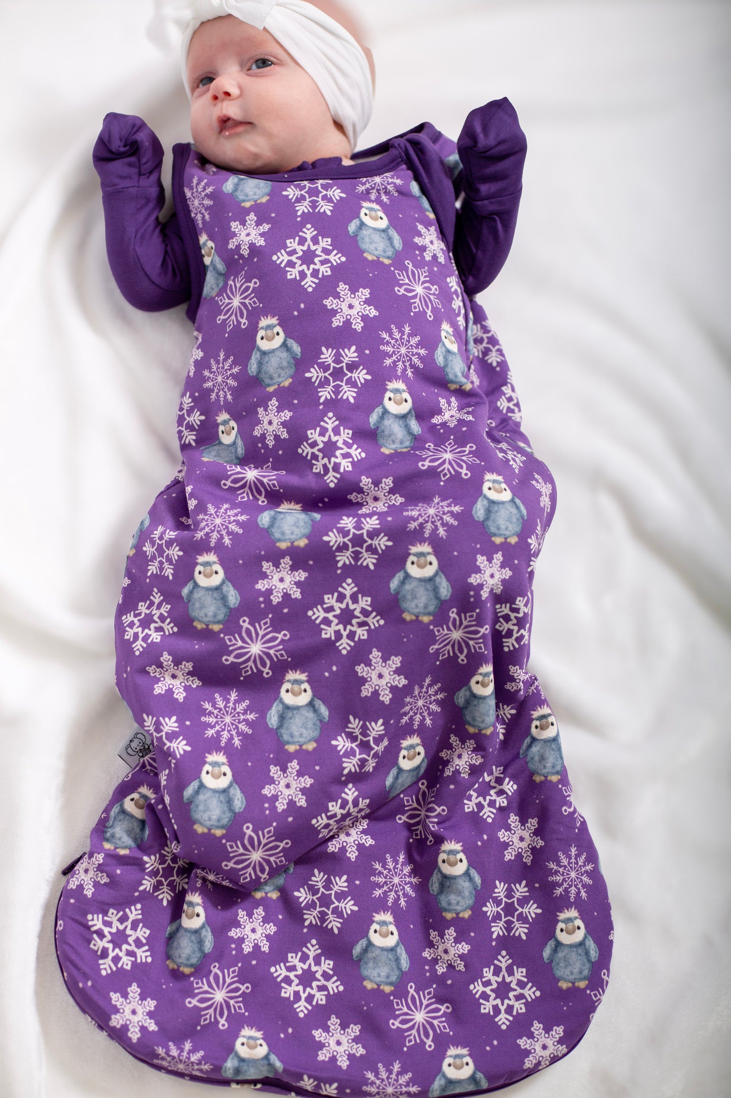 My First Snow Fall - Penguin Sleep Sack In Purple & Gold