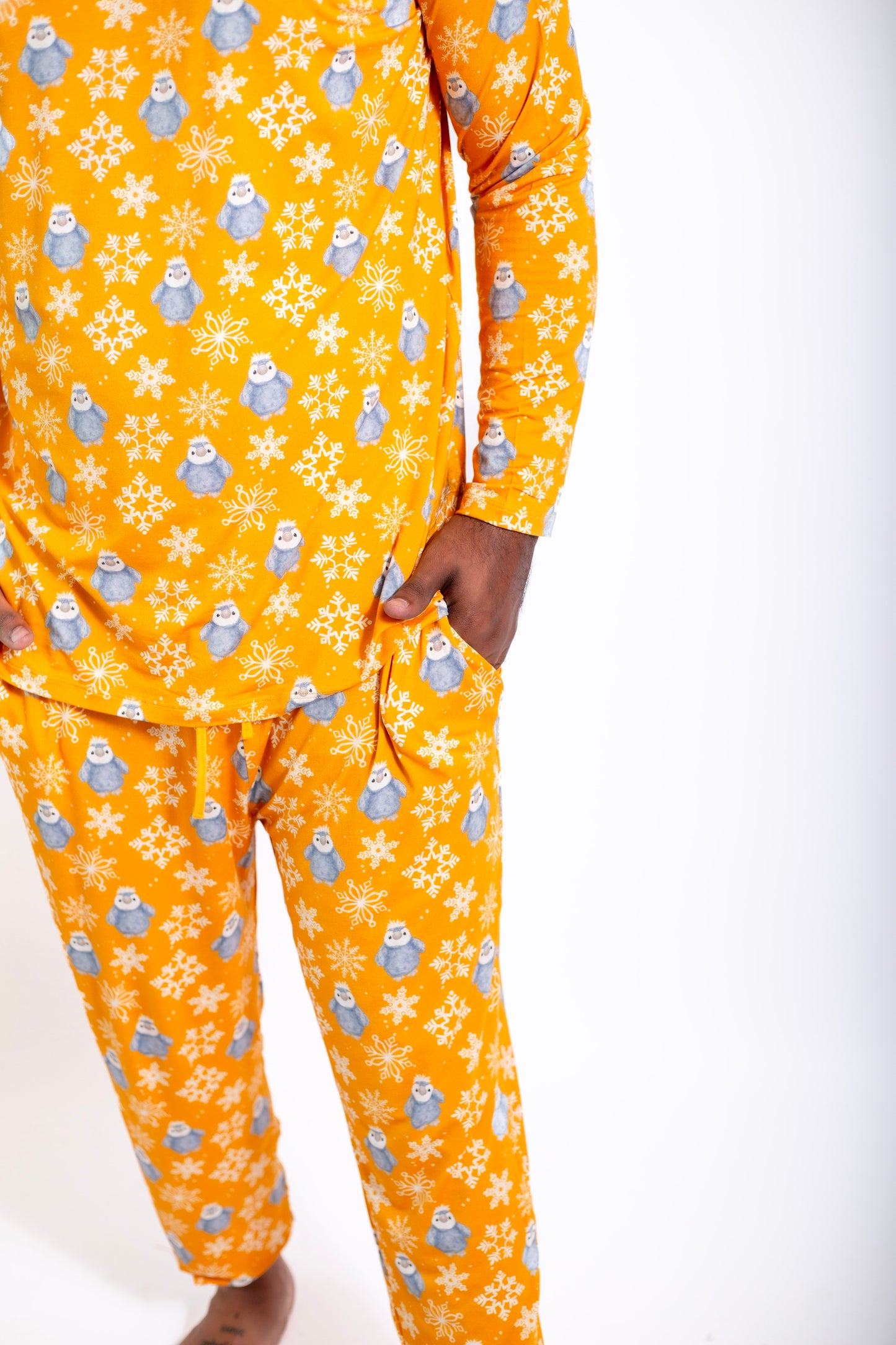 Lets Go Play In the Snow: Mens 2 Piece Bamboo Penguin Jogger Pajamas