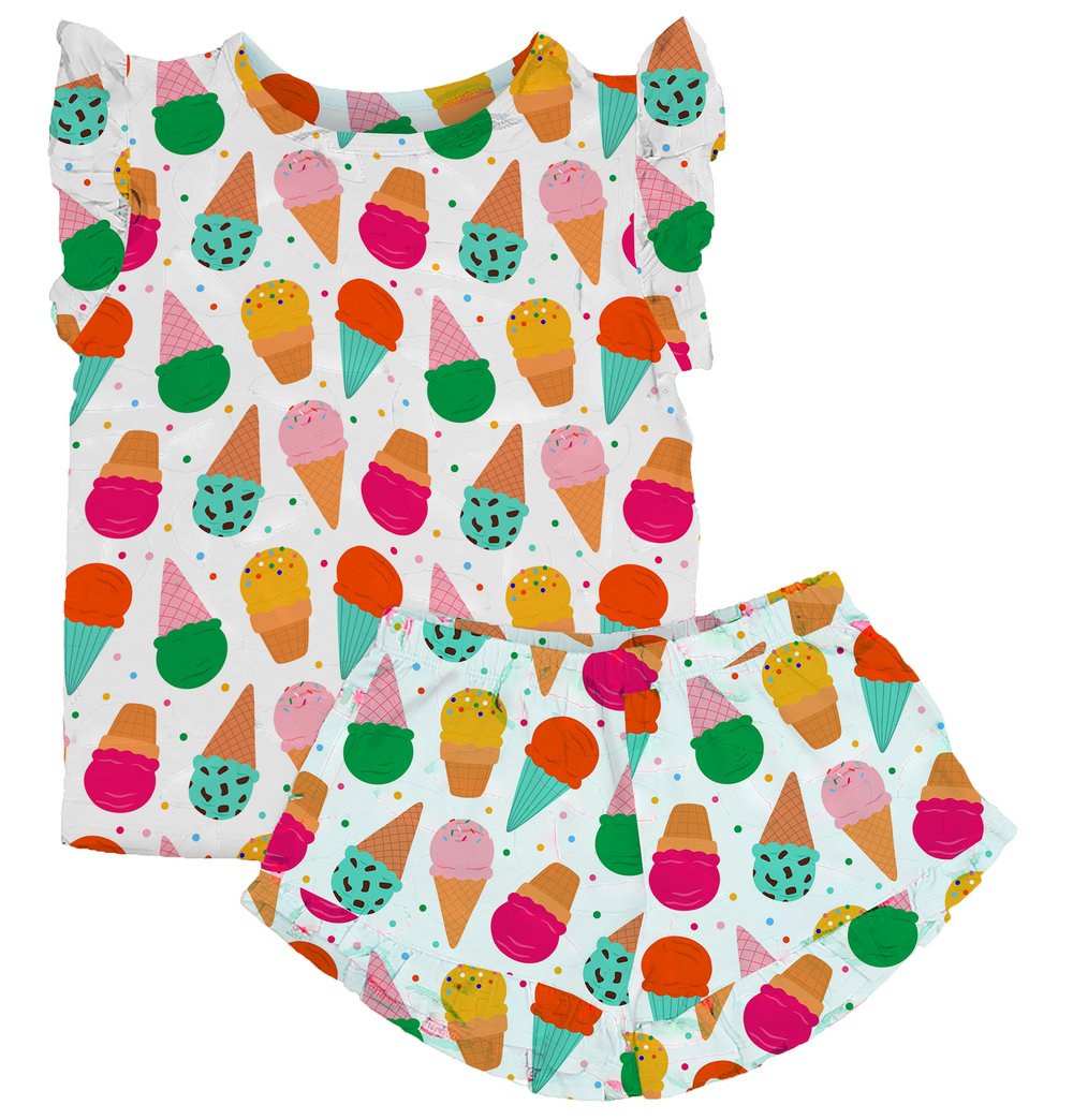 Ice Cream Social Frilly Pajamas – Soft Bamboo Shorts Set for Girls