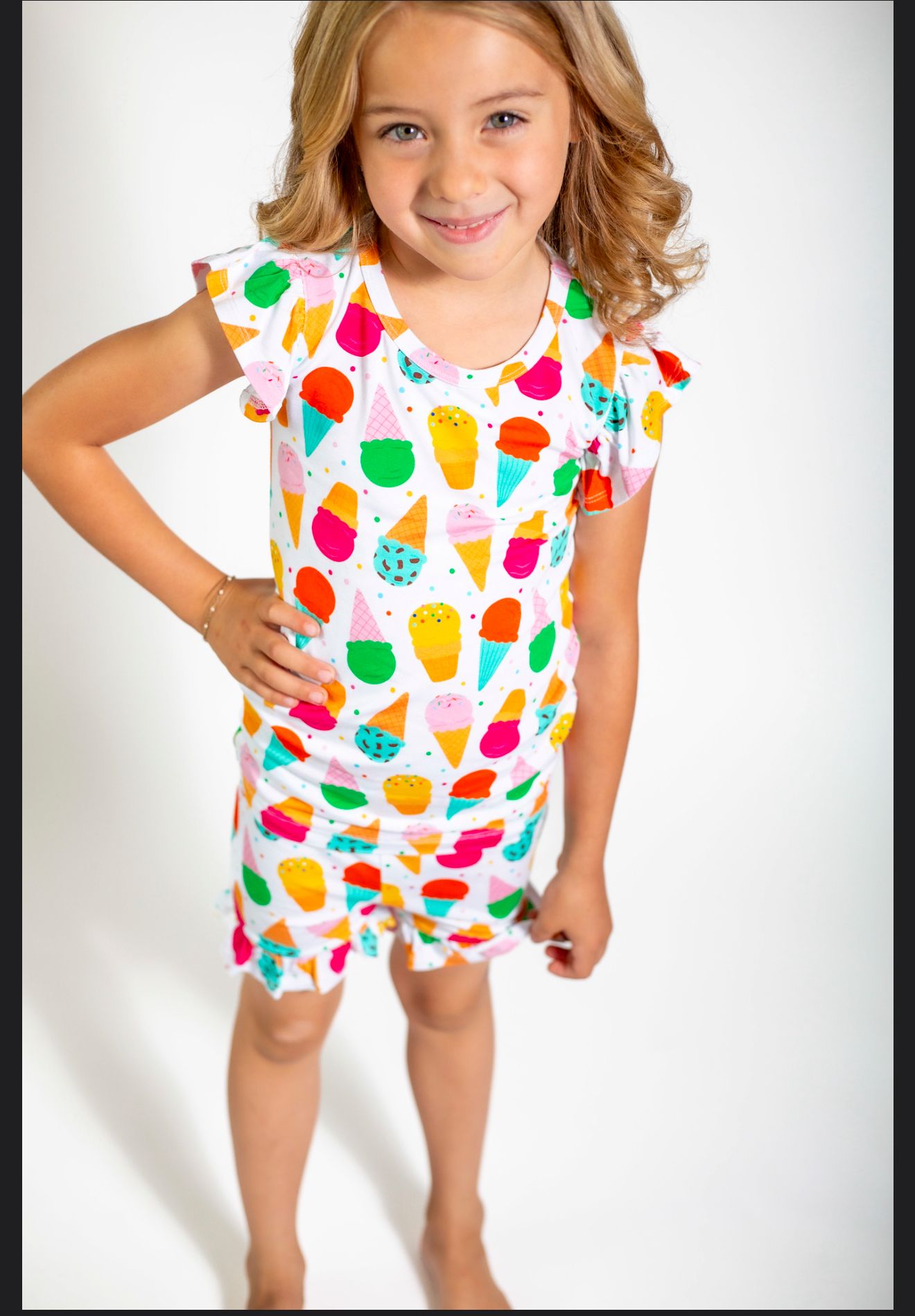 Ice Cream Social Frilly Pajamas – Soft Bamboo Shorts Set for Girls