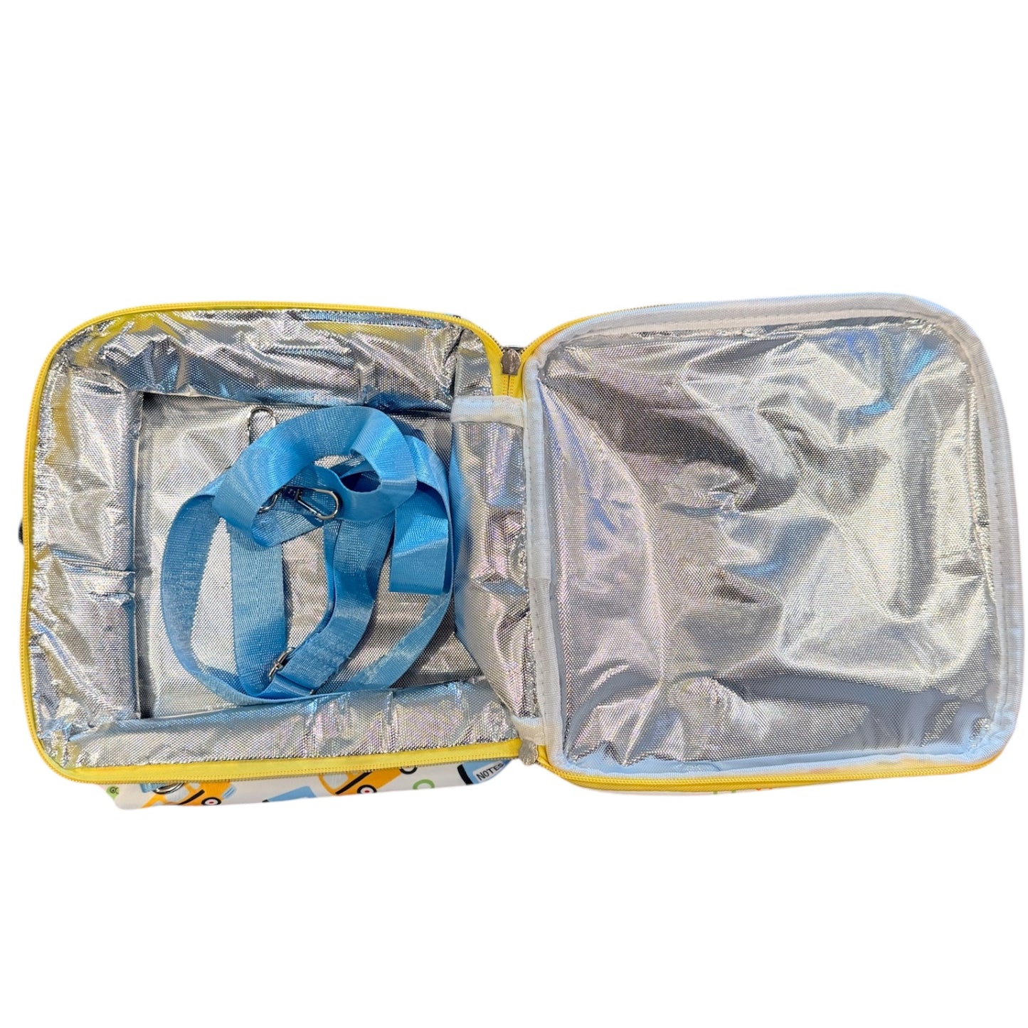 Open insulated bag with blue strap on a white background