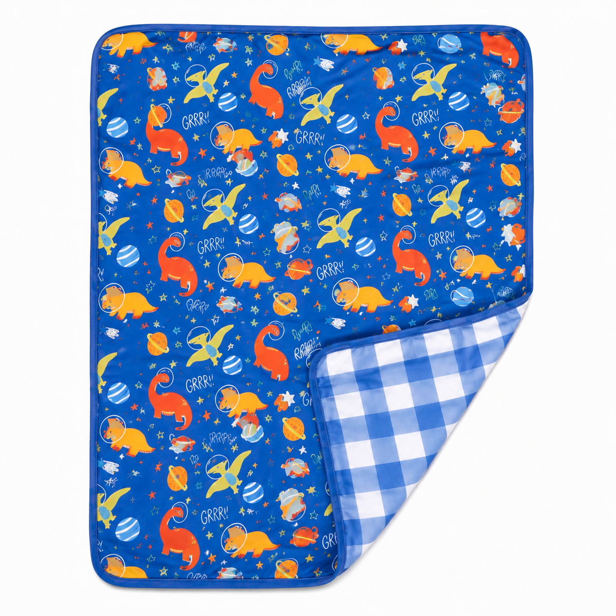 A baby blanket with a blue space-themed print featuring cartoon dinosaurs, planets, and stars, with a blue and white gingham checkered reverse side, shown on a white background.