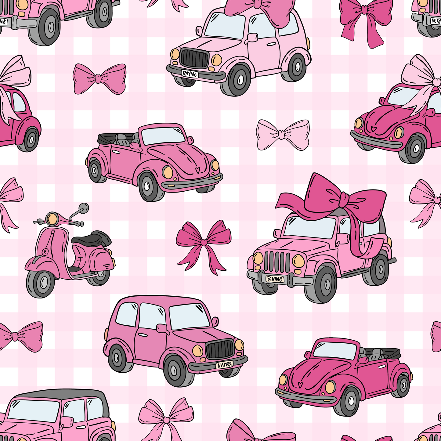 Pattern of pink vintage cars and scooters with bows on a pink checkered background