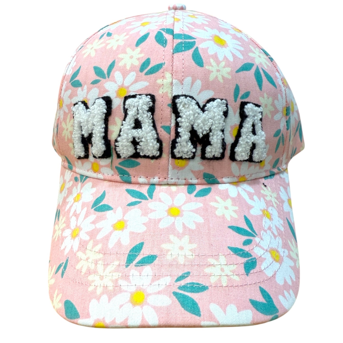 Pink floral cap with 'MAMA' text on a white background