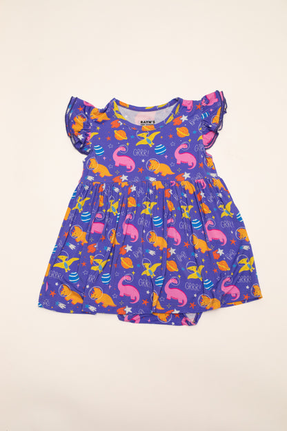 Purple Space Dinosaur Baby Dress with Snap Bottom