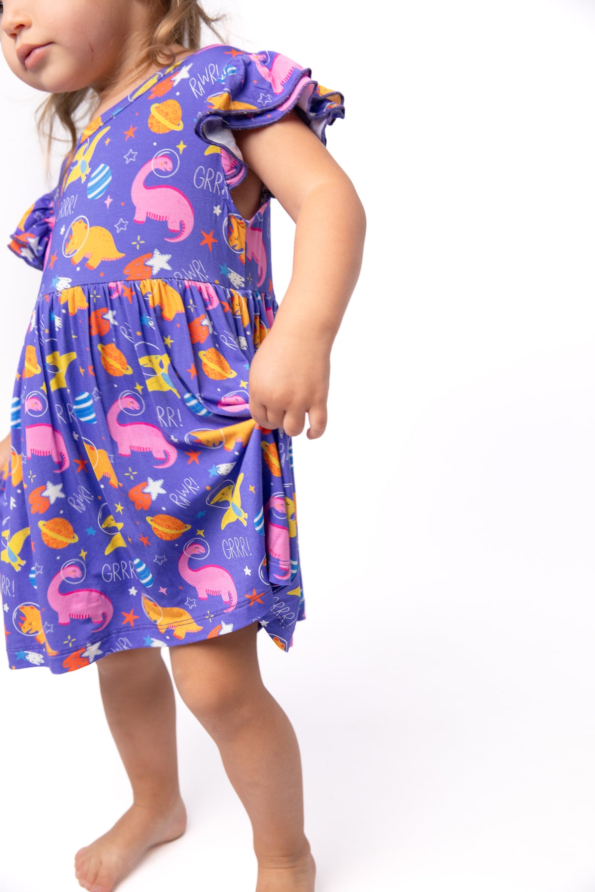 Purple Space Dinosaur Baby Dress with Snap Bottom