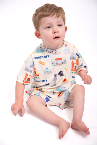 A buttery soft bamboo toddler pajama set inspired by Chicago memories, featuring playful Windy City artwork designed for cozy bedtime routines and matching family moments.