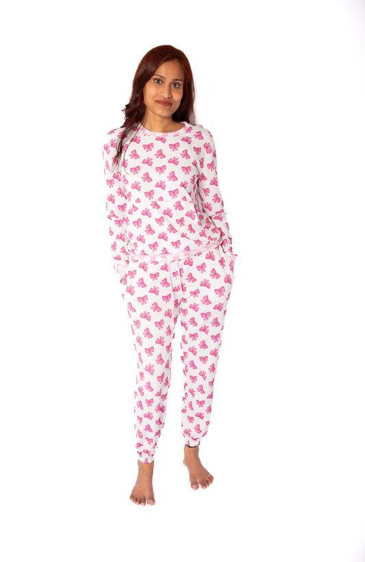 Women’s Bamboo Lounge Set – Pink Bow Print Pajamas | Soft & Breathable Matching Set