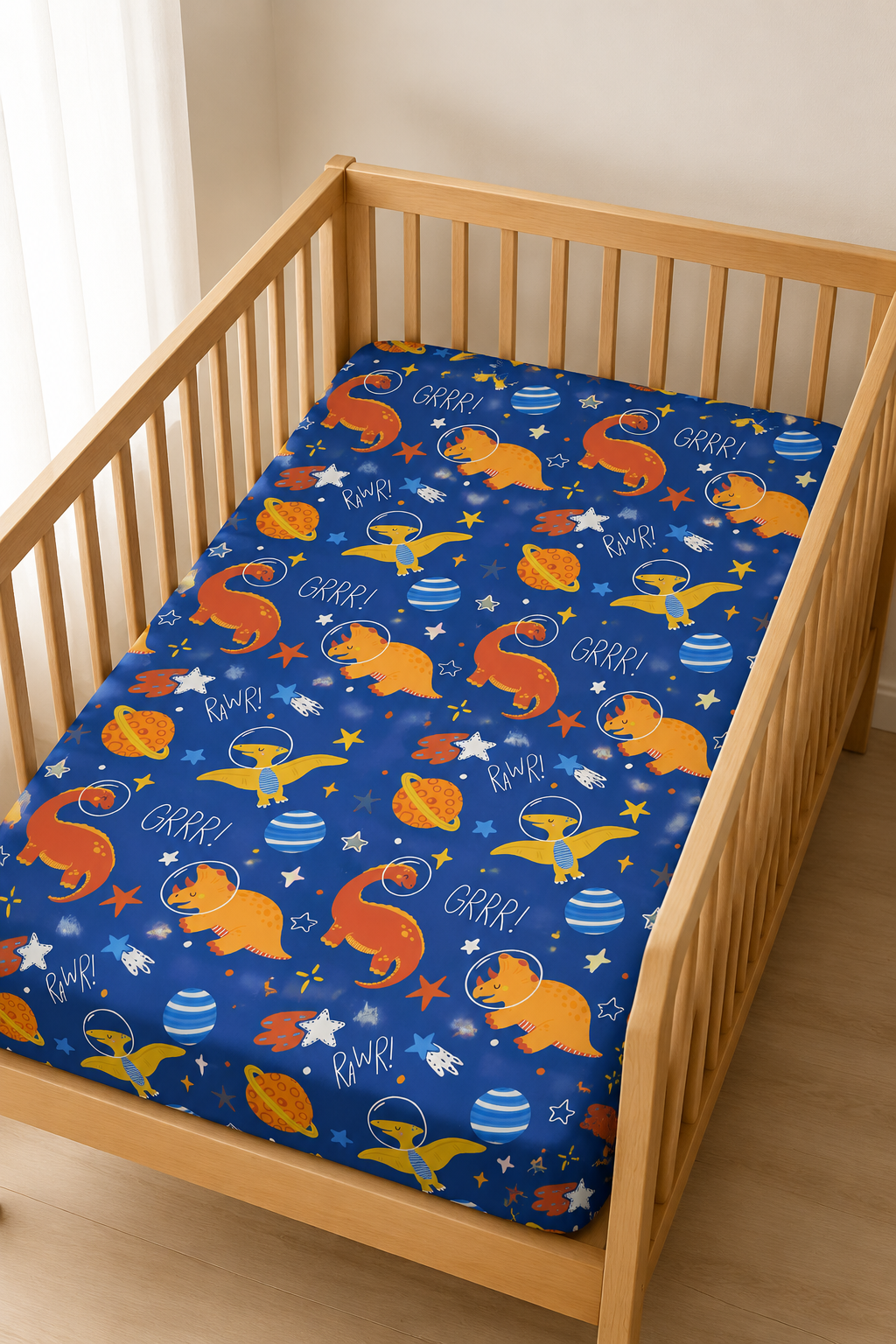 Blue Space Dinosaur Bamboo Fitted Crib Sheet