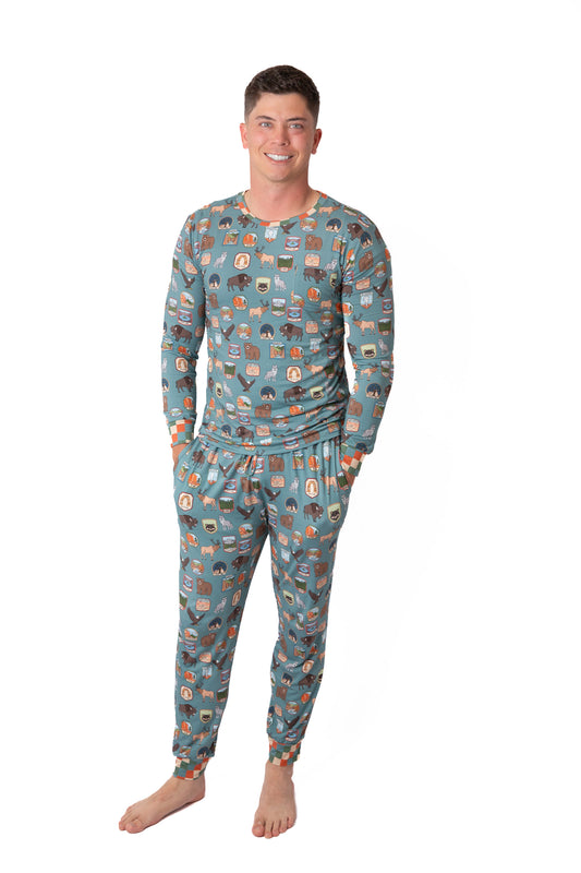 Men’s My First Adventure National Parks 2-Piece Pajama Set | Wildlife Sleepwear | Rayn’s Tiny Stitches