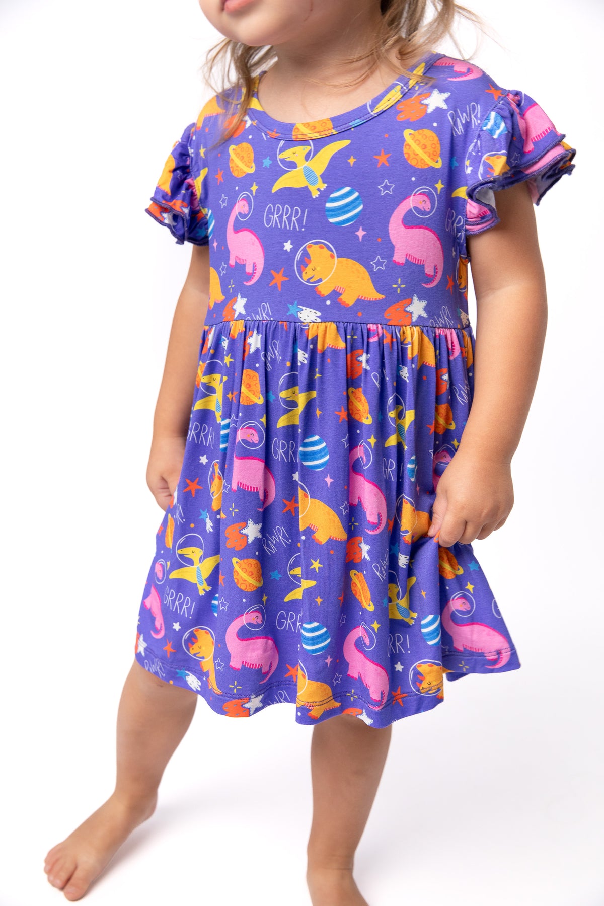 Purple Space Dinosaur Baby Dress with Snap Bottom