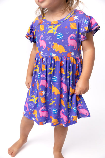 Purple Space Dinosaur Baby Dress with Snap Bottom