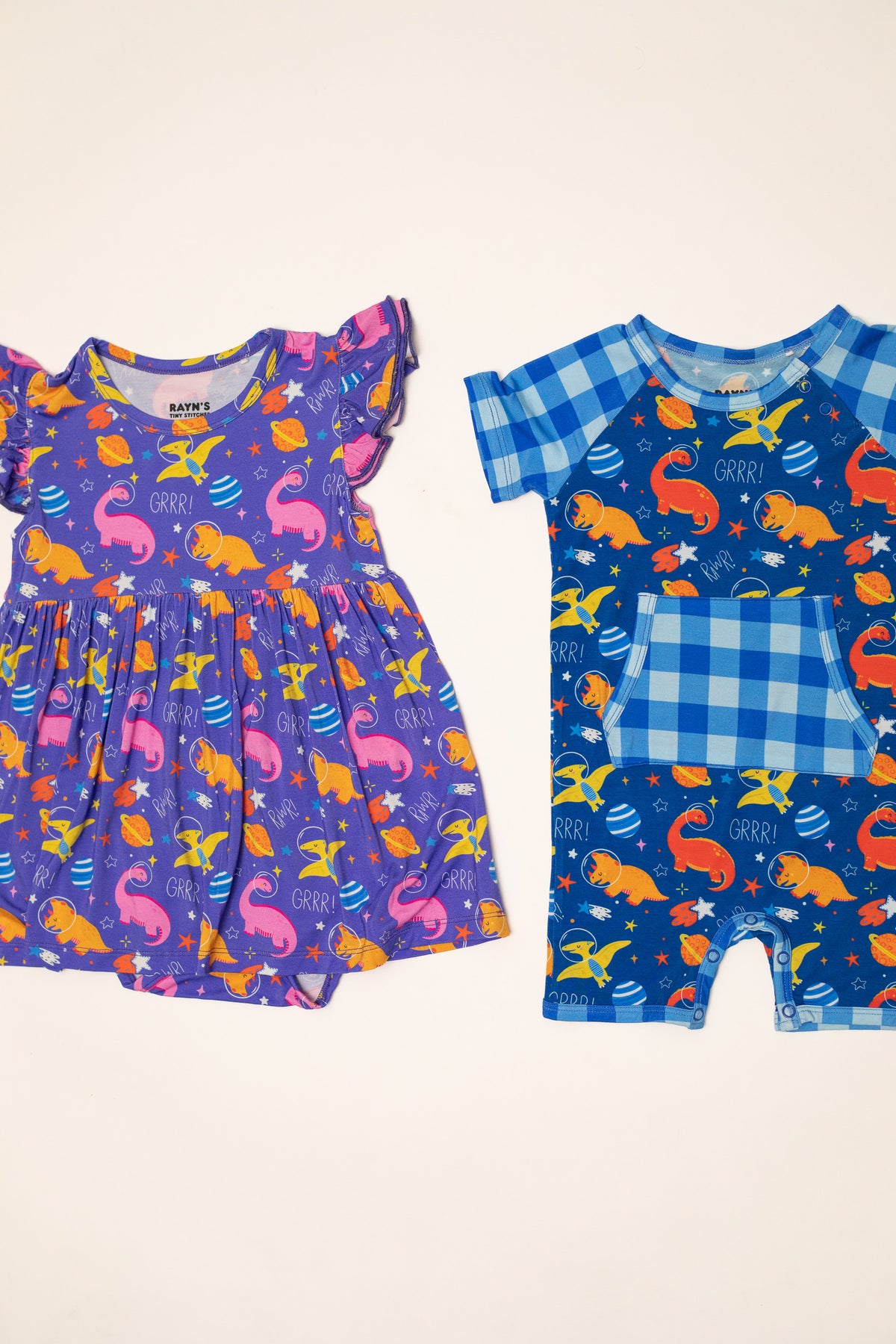 Purple Space Dinosaur Baby Dress with Snap Bottom