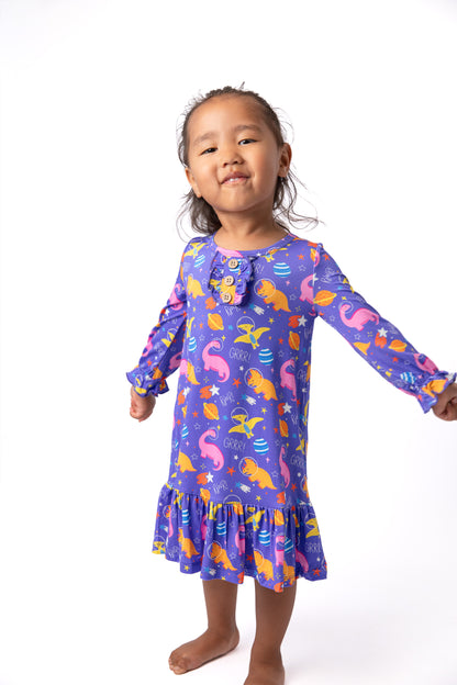 purple dinosaur bamboo space print nightgown for little girls