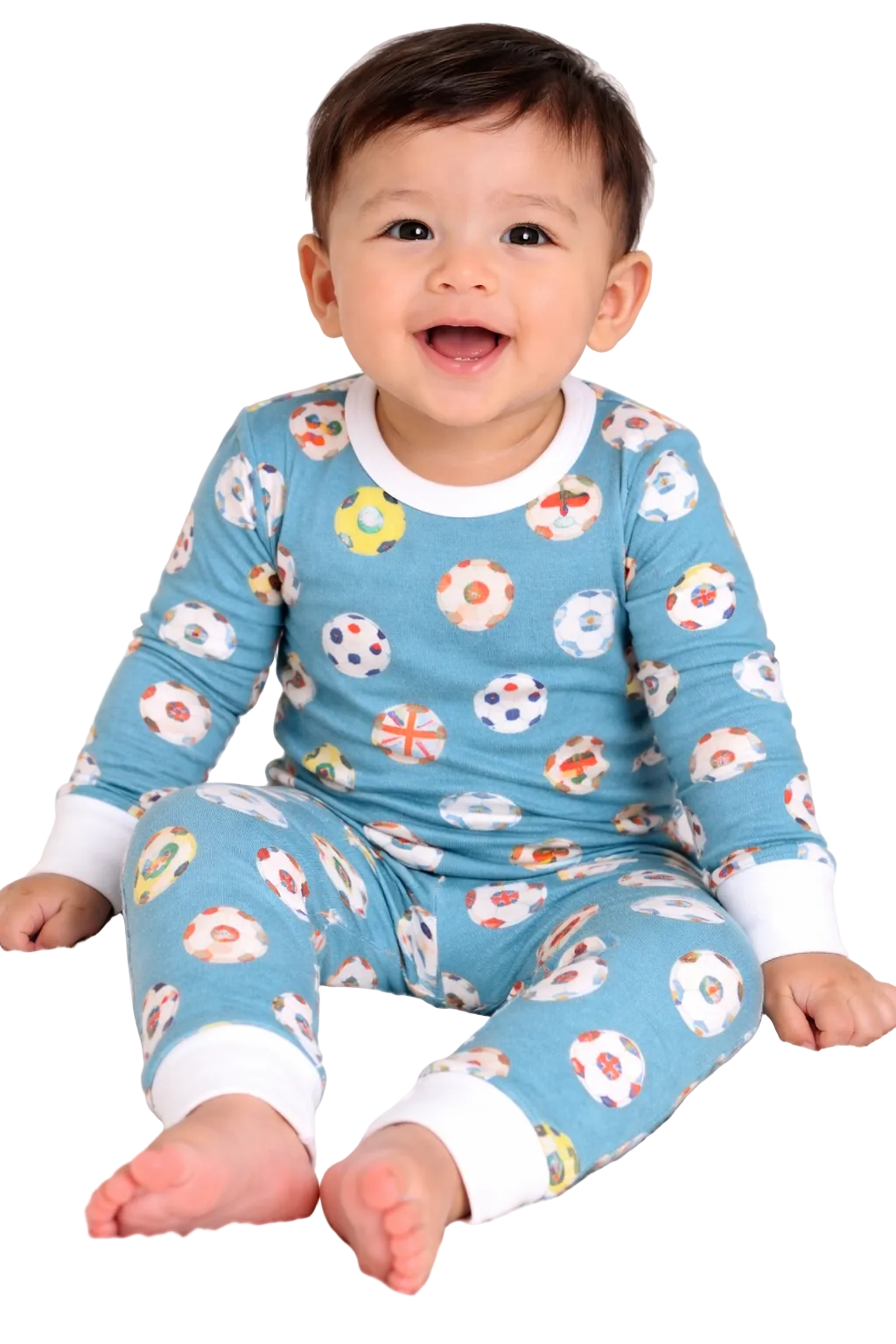 Baby wearing blue pajamas with colorful patterns sitting on a white surface.