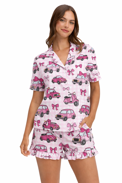 Pink Car Women’s Bamboo Pajama Set | Button Down