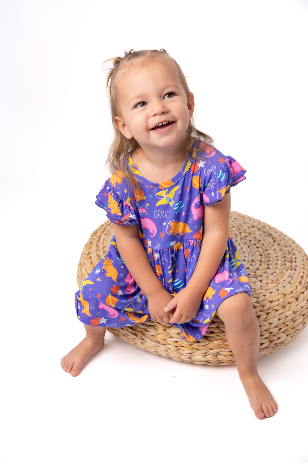 Purple Space Dinosaur Baby Dress with Snap Bottom