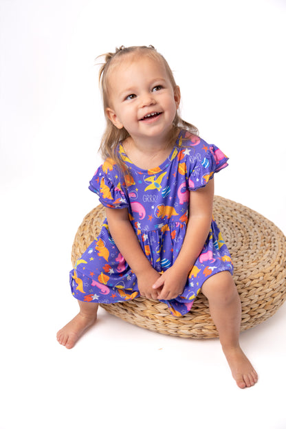 Purple Space Dinosaur Baby Dress with Snap Bottom