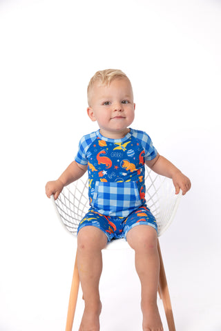 A toddler sitting on a white wire chair wearing a blue and white gingham short-sleeve romper with colorful dinosaur and fish prints, photographed against a clean white studio background.