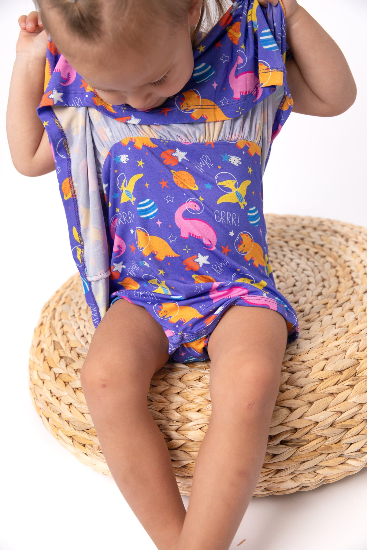 Purple Space Dinosaur Baby Dress with Snap Bottom