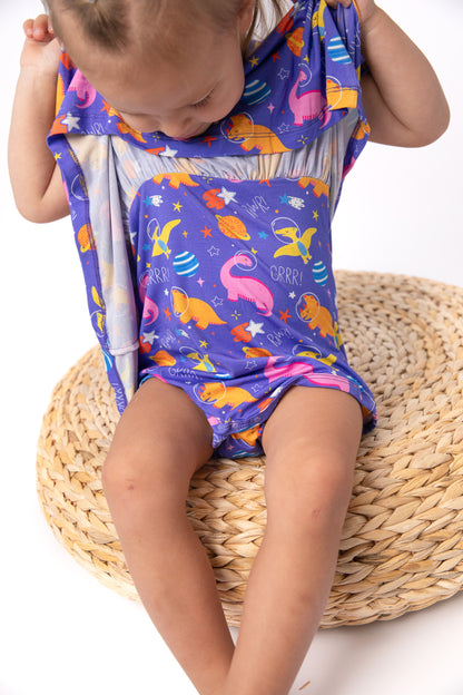 Purple Space Dinosaur Baby Dress with Snap Bottom