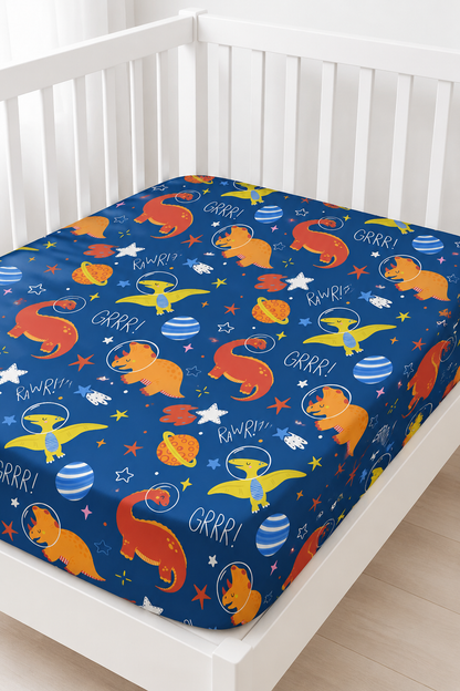 Blue Space Dinosaur Bamboo Fitted Crib Sheet