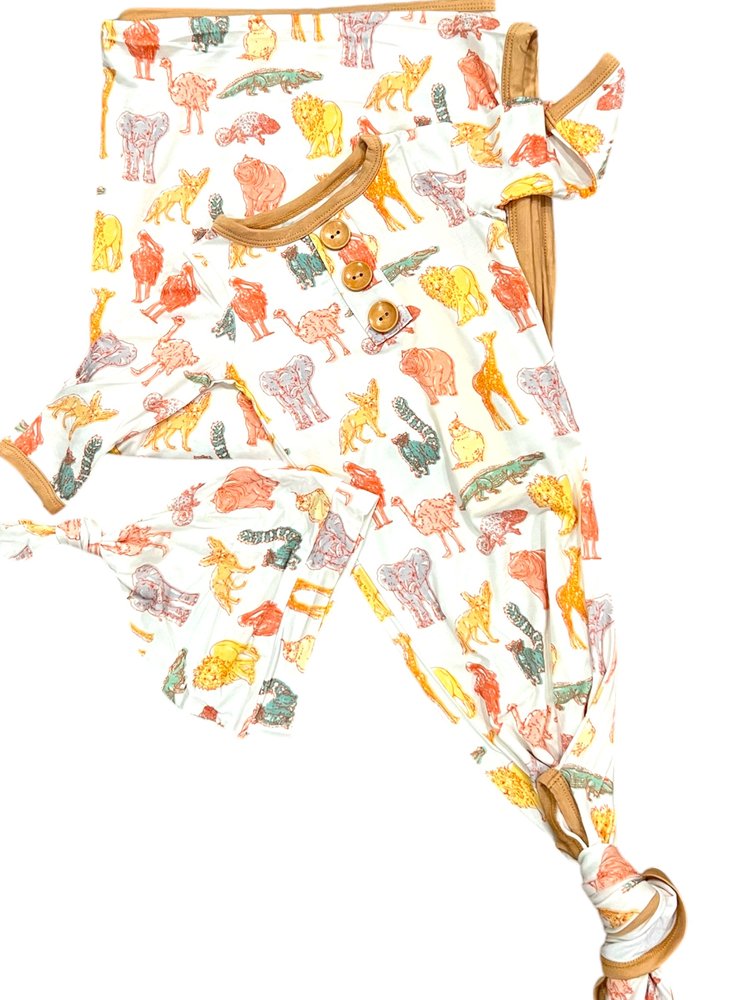 My First Trip To The Zoo:Gown & Hat – Soft Bamboo Newborn Set In Animal Print