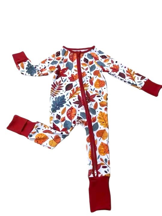 Leaf Print Bamboo Onesie – Soft Zipper Footie with Red Trim