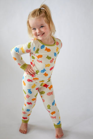 My First Snack Bamboo Pajamas – Green & Pink Lining Toddler PJs | Rayn’s Tiny Stitches