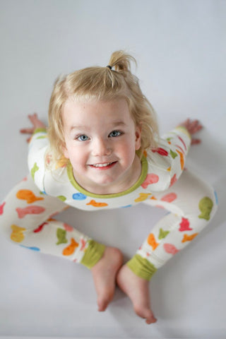 My First Snack Bamboo Pajamas – Green & Pink Lining Toddler PJs | Rayn’s Tiny Stitches