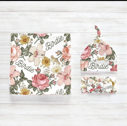 Personalized Newborn Gown & Cap Set – Soft Swaddle & Beanie