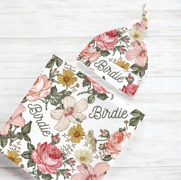 Personalized Newborn Gown & Cap Set – Soft Swaddle & Beanie