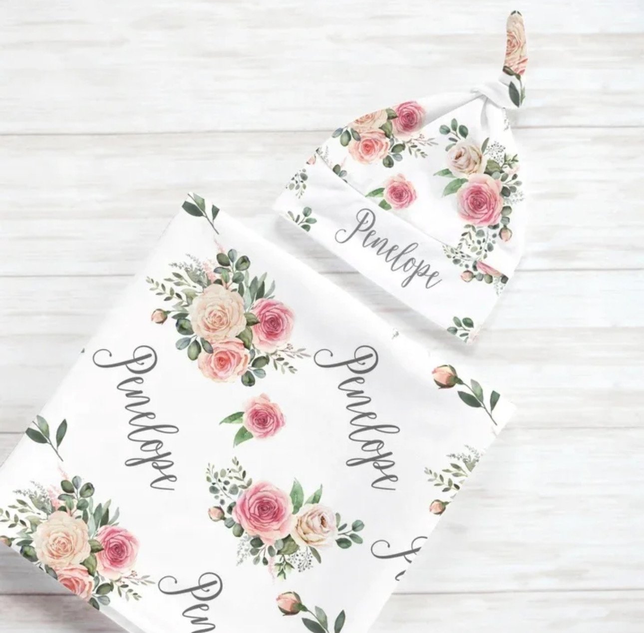 Personalized Newborn Gown & Cap Set – Soft Swaddle & Beanie
