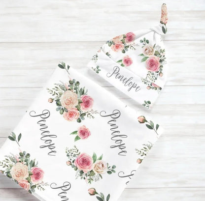 Personalized Newborn Gown & Cap Set – Soft Swaddle & Beanie