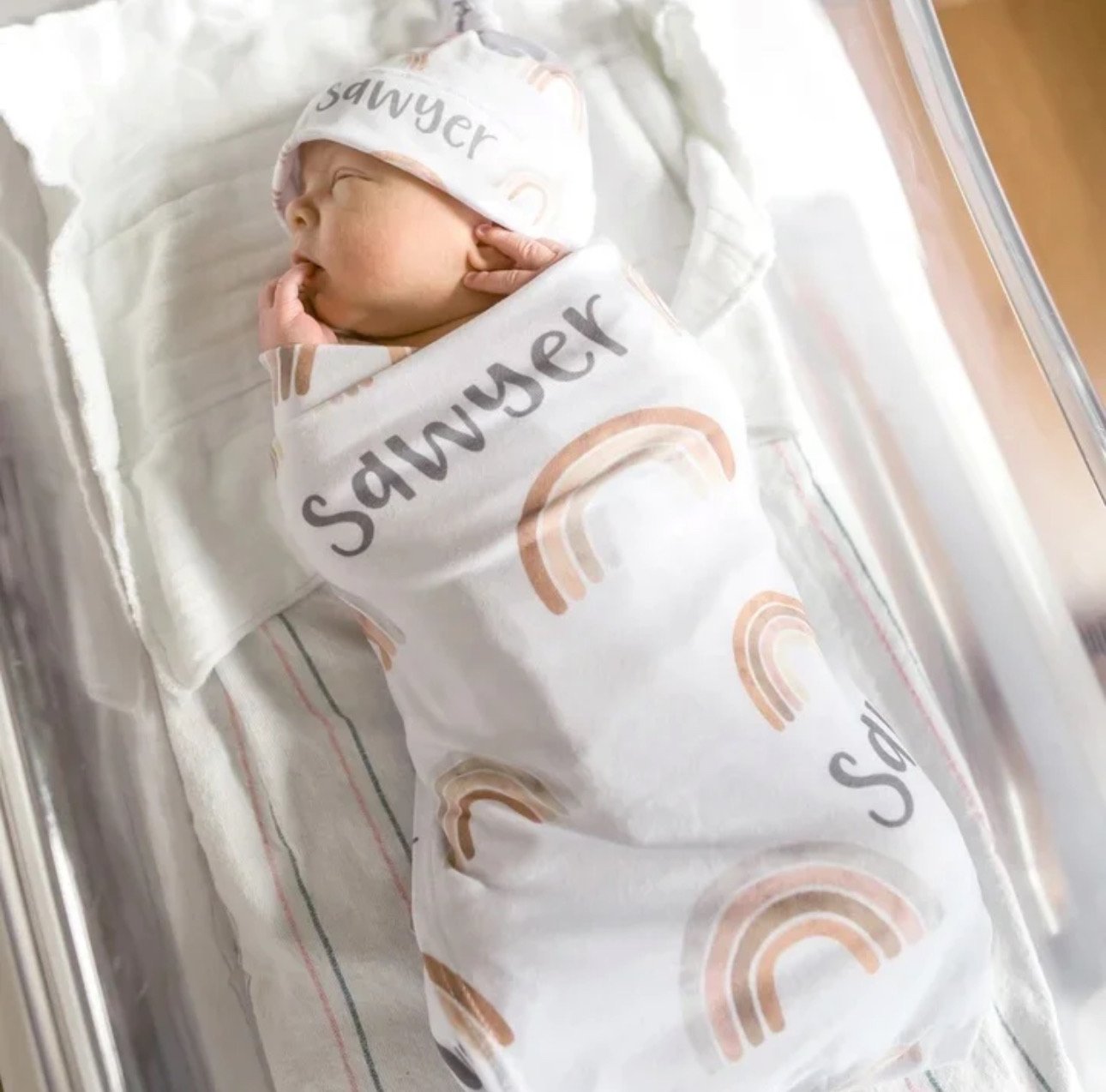 Personalized Newborn Gown & Cap Set – Soft Swaddle & Beanie