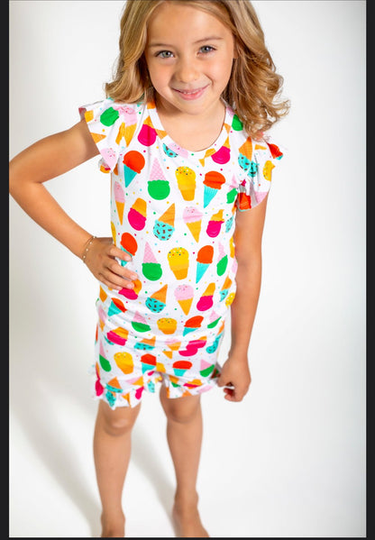 Ice Cream Social Frilly Pajamas – Soft Bamboo Shorts Set for Girls