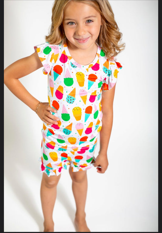 Ice Cream Social Frilly Pajamas – Soft Bamboo Shorts Set for Girls