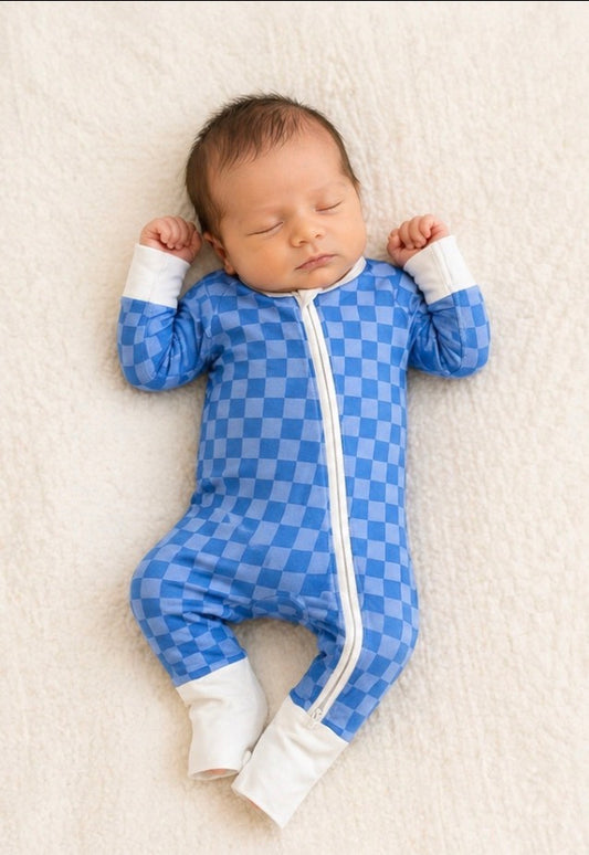 Blue Checkered Bamboo Baby Onesie | Double Zip Sleeper with Foldover Mittens & Footies