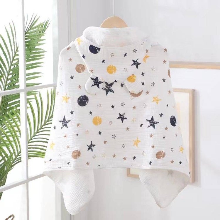 Muslin Cotton Baby Boy Robe – Hooded Moon & Stars Bath Towel