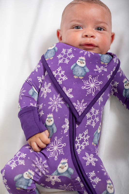 My First Snow Fall: Penguin Bamboo Bib In Purple & Gold