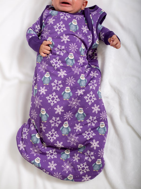 My First Snow Fall - Penguin Sleep Sack In Purple & Gold