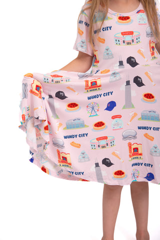 My First Windy City™ Pink Twirl Dress | Chicago Bamboo Dress for Girls 18M–2T | Rayn’s Tiny Stitches