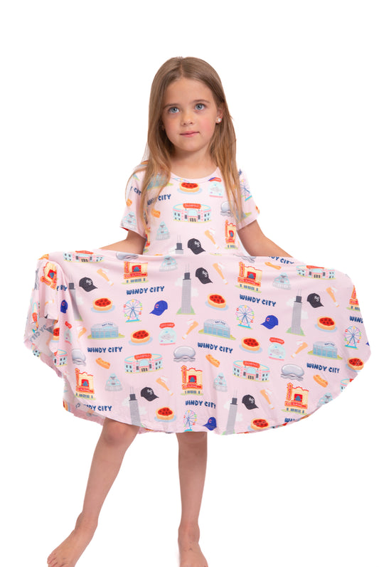 My First Windy City™ Pink Twirl Dress | Chicago Bamboo Dress for Girls 18M–2T | Rayn’s Tiny Stitches