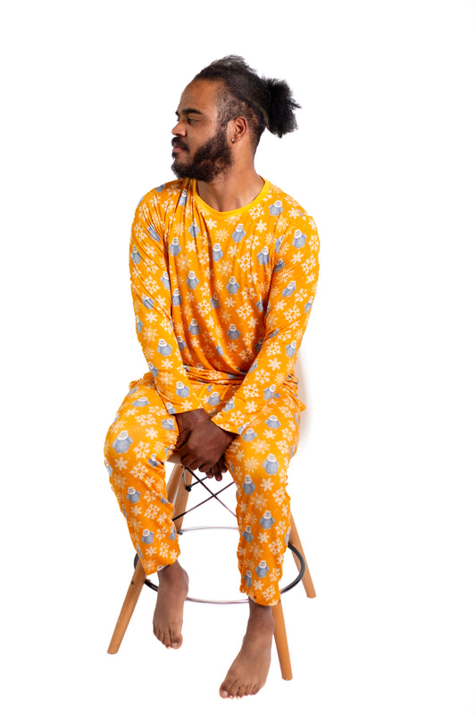 Lets Go Play In the Snow: Mens 2 Piece Bamboo Penguin Jogger Pajamas