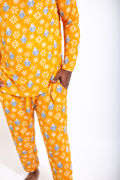Lets Go Play In the Snow: Mens 2 Piece Bamboo Penguin Jogger Pajamas